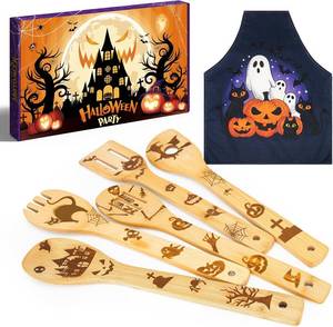lot 6250 image: 5 Pcs Halloween Kitchen Utensils Wooden Spoons Set- with Aprons Kitchen Cooking Utensils Set,Suitable for Home Halloween Kitchen Decor or Home Baking Championship-Gift-Ready