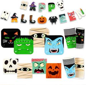 lot 6253 image: Halloween Party Supplies Kit for 24 Guests - Halloween Design with Disposable Dinner & Dessert Plates, Napkins, Cups, Tablecloth, and Banner -for Birthday Party Decorations