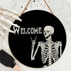 lot 6255 image: Halloween Decorations Wreath Halloween Skull Welcome Door Sign Front for Door Decoration, Rustic Wooden Holiday Decor for Front Door Porch Window Wall Farmhouse Indoor Outdoor