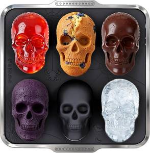 lot 6257 image: Metal Framed Silicone Skull Cake Pan - 6 Cavity Skull Baking Pan & Silicone Mold for Halloween Parties & Baking Fun  Food-Safe Non-Stick Ice Cube Tray, Cupcake Maker