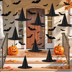 lot 6260 image: Halloween Decorations Black Witch Hats, 8 Pack Hanging Witches Hats & 32Pcs 3D Bats Halloween Decorations Outdoor Indoor