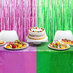 lot 6261 image: 4pcs Pink and Green Birthday Party Decorations Theme Foil Fringe Curtain and Backdrop Holographic Tablecloth Shiny Table Covers