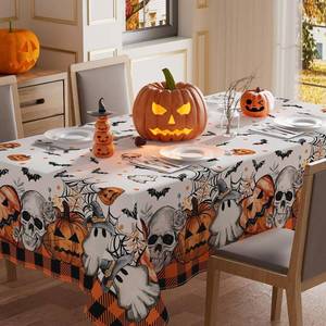 lot 6263 image: XCHI Spooky Pumpkin Ghos Skeleton Orange Buffalo Plaid Halloween Tablecloth Rectangle Washable Table Covers for Indoor Outdoor Dining Home Party Decorations Table Cloth 60x84 Inch