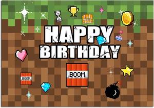 lot 6265 image: Pixel Backdrop Happy Birthday Party Decoration 7x5Ft Video Game Themed Banner Gaming Gamer Photo Background for Kids Boy Cake Table Supplies Favors