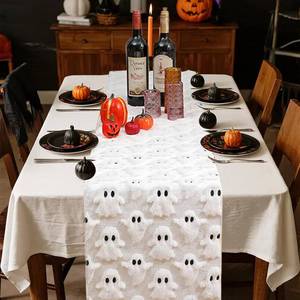 lot 6272 image: 3D Halloween Indoor Decoration Table Runner - White Ghosts Soft Plush Faux Fur Fabric Holiday Home Kitchen Dining Party Table Decor 13x72 Inch Long