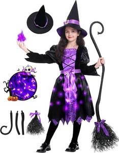 lot 6283 image: Light Up Halloween Girls Witch Costume, Toddler Witch Dress Set with Hat and Broom, Kids Costumes for Halloween Party Small