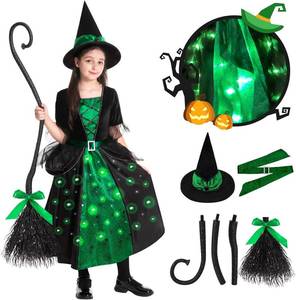 lot 6284 image: Poshetion Witch Halloween Costume for Girls - Toddler Light Up Dress with Witch Broom and Hat, Glow in the Dark for Wicked Parties (Green, Small)