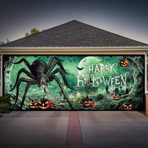 lot 6285 image: Halloween Garage Door Cover 6.6 x 16.4 ft Scary Garage Door Banner Horror Hanging Backdrop for Halloween Party Background Supplies(Spider)