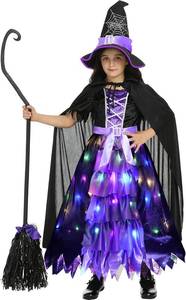lot 6288 image: Witch Costume Set for Girls Led Light Up Halloween Costume Dress Up with Hat Cape Large