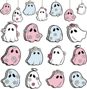 lot 6296 image: JarThenaAMCS Halloween Hanging Ornament Floral Ghost Wooden Hanging Decoration Cute Pendant with Hemp Rope for Home Party Wall Decor, 24 Pack