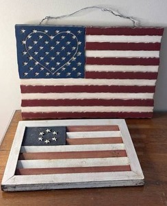 lot 1054 image: American Flag Wall Art Plastic with Heart and Wood Shutter Style (18 inches by 12 inches)