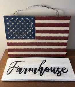 lot 1056 image: Wood Farmhouse & Plastic American Flag Wall Art