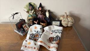 lot 1078 image: Halloween Decor Collection with Witch Dolls and Kitchen Towels