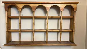lot 1102 image: 3 Foot Wide Wooden Wall Display Shelf with Arched Design and Plate Groove