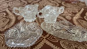 lot 1118 image: Chunky Cut Glass Collection, Sugar Bowl and Creamer Small Plate and Relish Dish