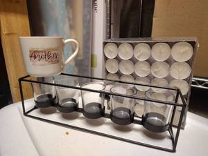 lot 3007 image: Bible Verse Daniel 3 25 Coffee Mug and Black Finish Votive Center Piece with NIP 100 Tea Lights