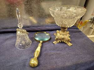lot 3035 image: Glass Bell and Footed Bowl With Gold Frame Magnifying Glass