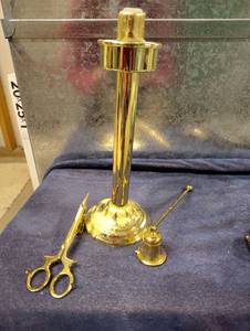 lot 3049 image: Gold Metal Candle Stick Holder and Wick Trimmer and Snuffer