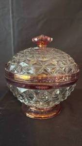 lot 706 image: VINTAGE RUBY-CRANBERRY DIAMOND POINT COVERED CRYSTAL CANDYNUT BOWL