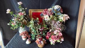 lot 710 image: Faux Flowers in Glass, Brass and Baskets Display Frame for Pins Approximately 16 by 12 inches
