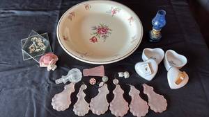 lot 718 image: Decorative Collection with Floral Plate and Pink Glass Dangles