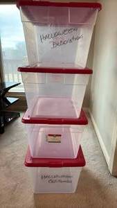 lot 734 image: (4) Clear Sterilite Storage Containers with Red Lids