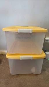 lot 738 image: 65 Quarts Sterilite Totes with Yellow Lids