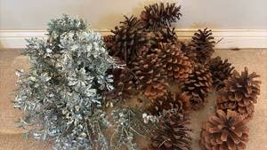 lot 739 image: Natural Pine Cone and Faux Silver Leafy Bundles
