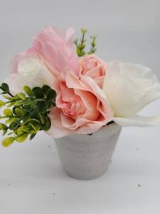 lot 68858 image: Artificial&nbspPink and White Rose Arrangement in Textured Pot - Retail $25