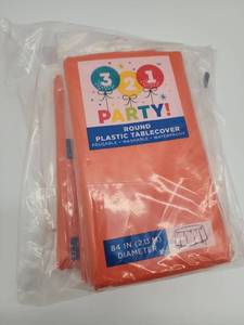 lot 69026 image: Round Orange Plastic Party Tablecover 84 inch, 4 Pack - Retail $5
