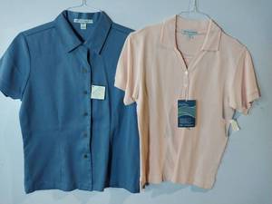 lot 66964 image: APPEARS NEW - Port Authority Ladies Shirts, Peach & DustyBlue (Size Small) Set of 2