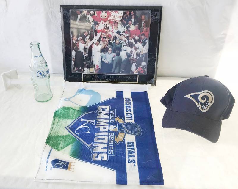 lot 5713 image: LA Rams FIber-Optic Light-up Hat - KC Royals Flag - Michael Jordan  Bulls Picture and Bottle