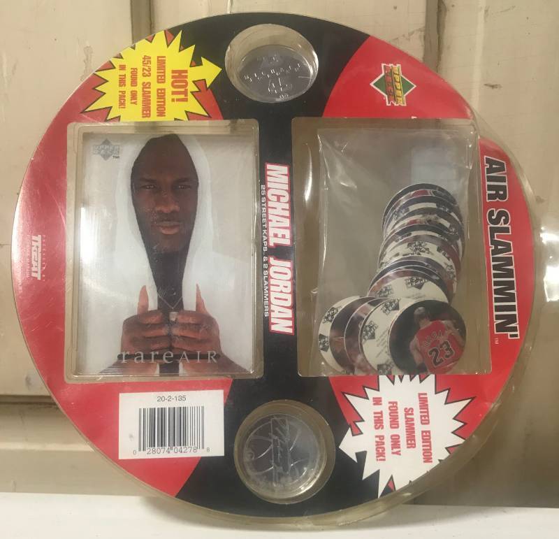 lot 5792 image: Vintage Air Jordan Pogs w Coin Slammers and Collectible Card - NEW in Package - NBA License Product - WOW