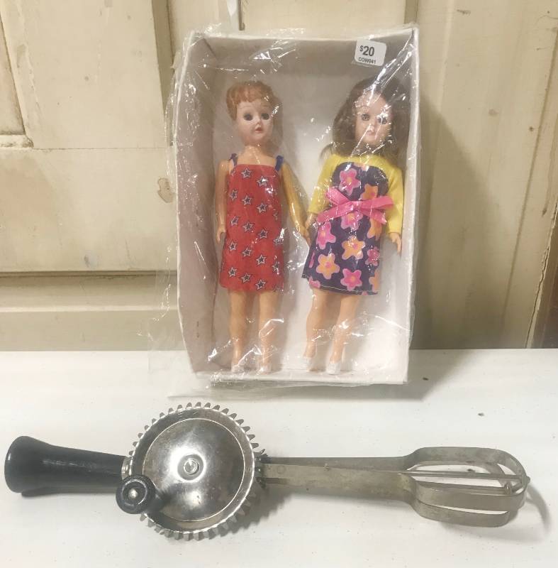 lot 5795 image: Lot of 2 Vintage Dolls w close-able sleeping eyes and a vintage hand beater