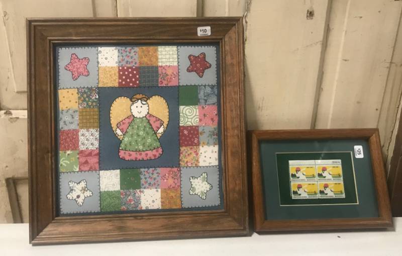 lot 5811 image: Framed 6 cent baseball stamps and a cute Prim Style Frames art piece