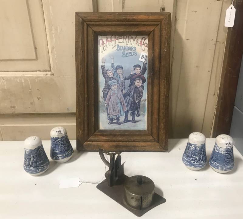 lot 5815 image: D.M. Ferry Standard Seeds Company Advertisement Framed, Lot of Salt and Pepper Shakers and a Vintage Metal Postage Stamp Dispenser