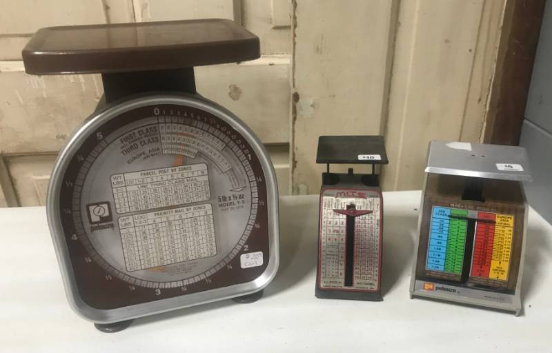 lot 5827 image: Lot of 3 Vintage Scales PELOUZE M# Y-5, Model X-1 & MITE Postal Scale