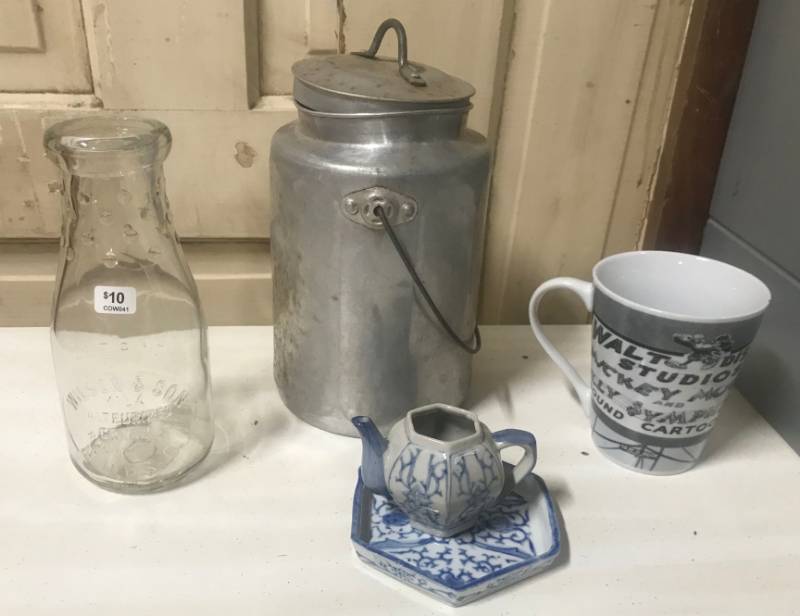lot 5830 image: Glass Milk Bottle, Aluminum Bucket w Lid, Tea Pot, and a Mickey Mouse Disney Coffee Mug