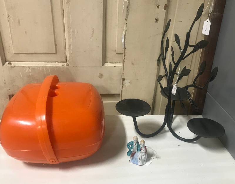 lot 5832 image: Black Metal Candle Holder, Colonial Figurines and food storage container set