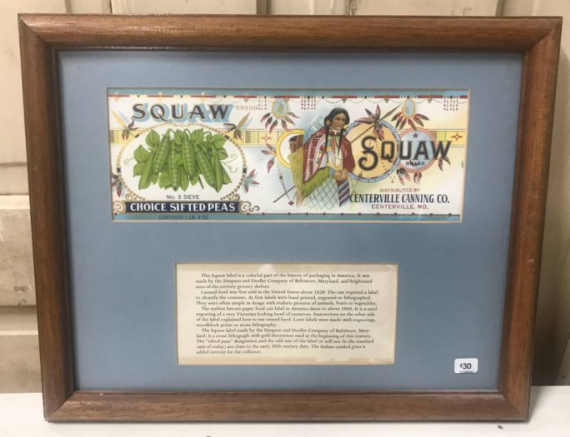 lot 5839 image: Framed Label From Squaw Choice Sifted Peas whistory card included - Nice Frame excellent Condition