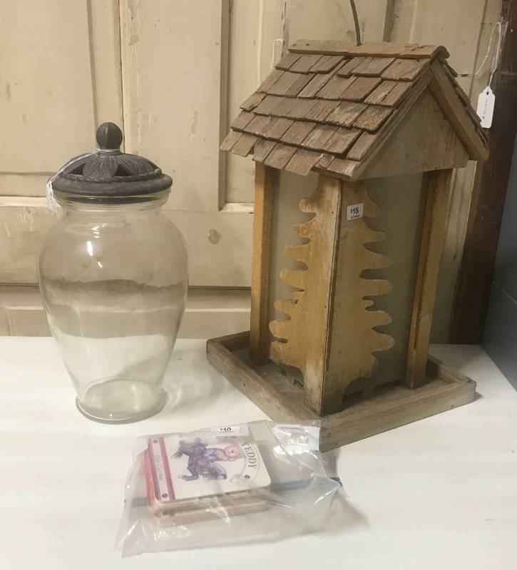 lot 5840 image: Wooden Bird Feeder, Jar with Neat lid and Teddy Bear Coasters