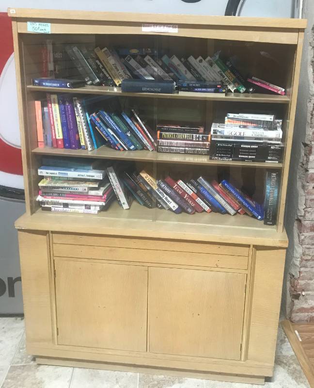 lot 5846 image: Vintage Display CabinetHutch - Includes Books, DVD movies and VHS Movies Shown - See pics