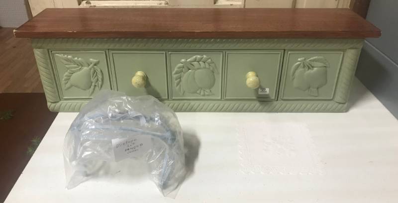 lot 5864 image: Nice Wooden Shelf with Drawers - Vintage Hat and Doily