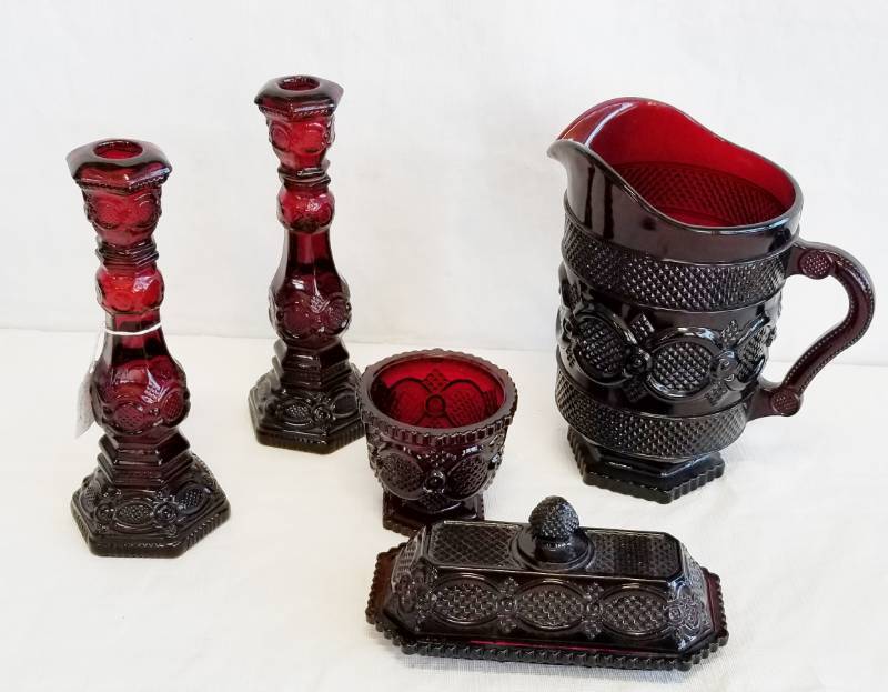 lot 5506 image: Lot of AVON Cape Cod Candle Sticks pitcher, cup and covered butter dish - rare pieces