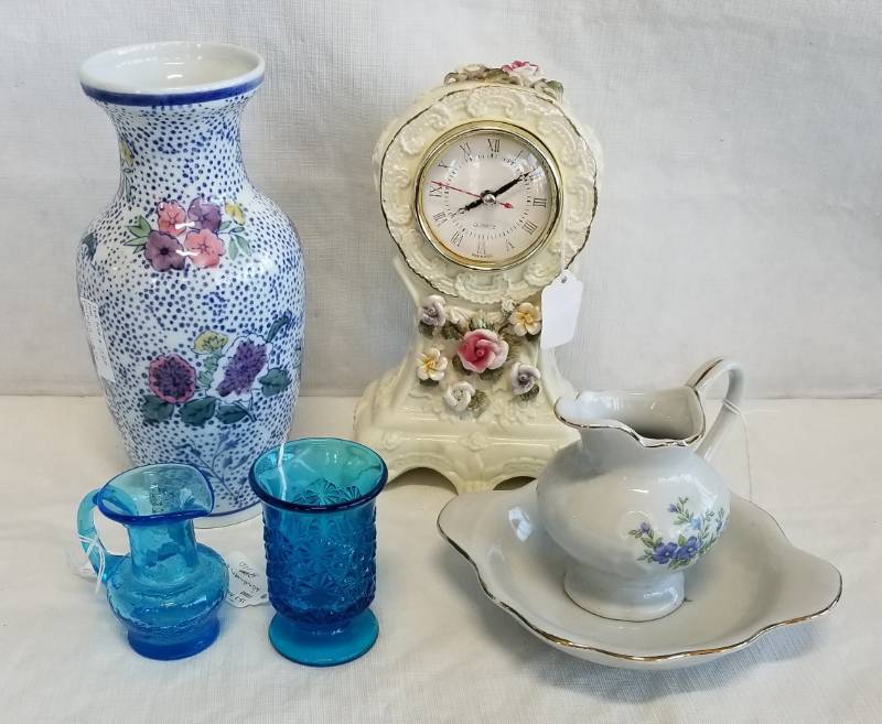lot 5512 image: Lot of Pretty Blue Glass vase and creamer KANAWHA and a clock, miniature water pitcher and more