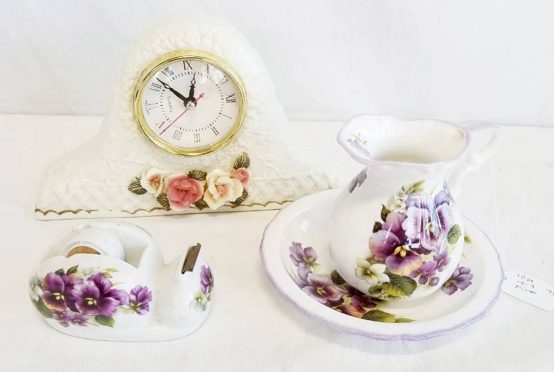 lot 5513 image: Pretty Ceramic Tape Dispenser and a clock, miniature water pitcher