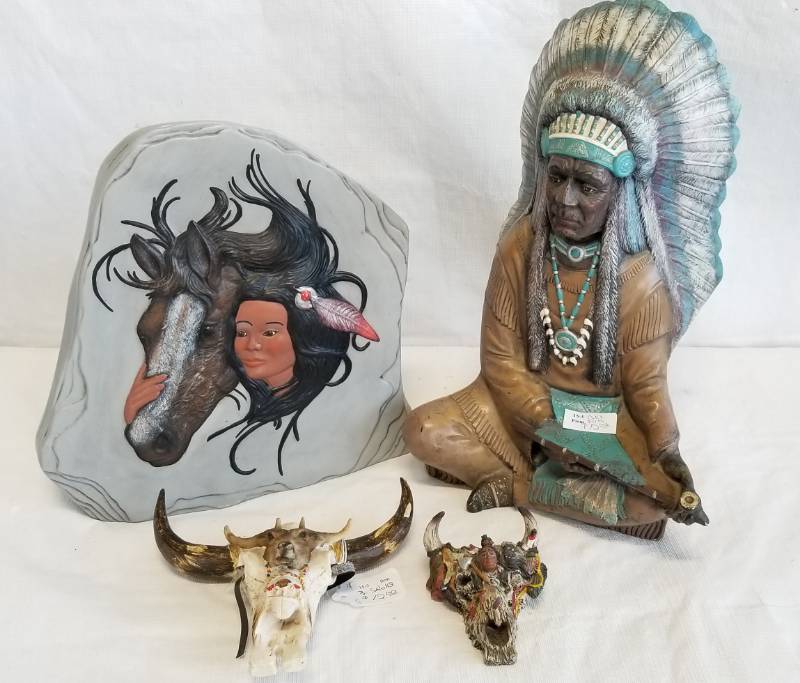 lot 5514 image: Lot of Native American Items - Sitting Indian Chief, Artistic Ceramic Animal Skulls and more