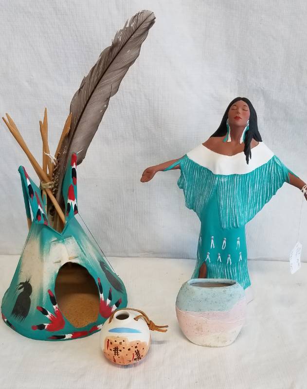 lot 5515 image: Lot of Native American Items - Pots, Tee Pee TePe - Pretty Indian Princess Figurine and more