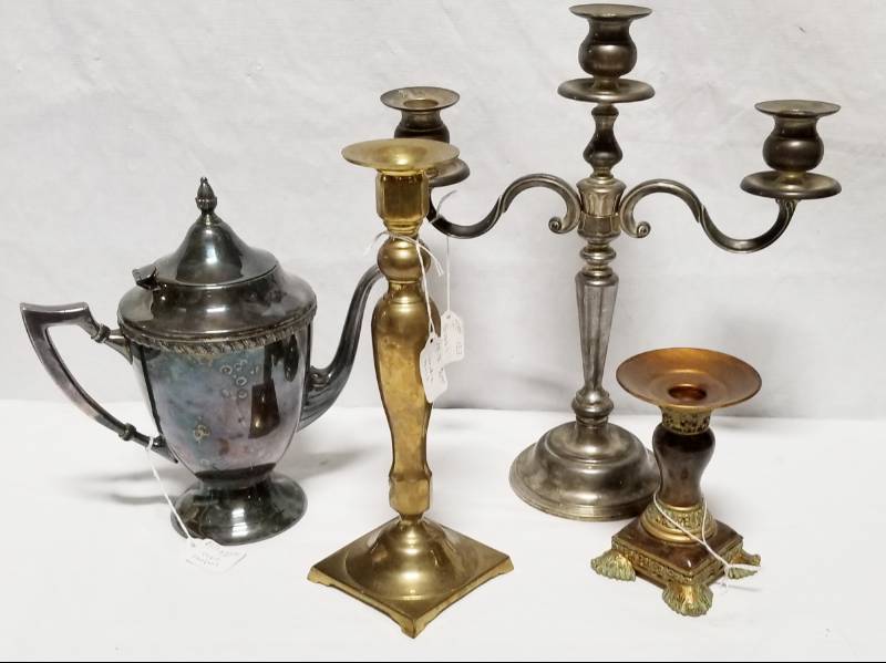 lot 5527 image: Lot of Metal Decor - Candelabra, Candle Sticks and a teapot