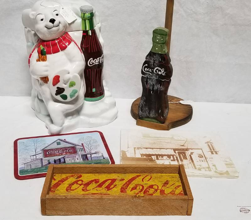 lot 5531 image: Coca Cola Lot - Wood Tray, Polar Bear Cookie Jar, Post Card and More - Valuable Lot
